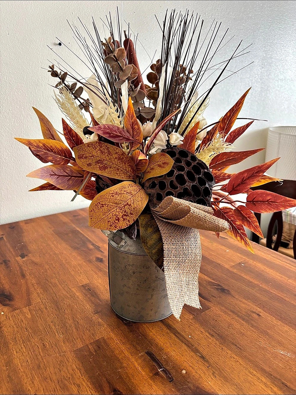 Autumn Faux Floral Arrangement Fall Leaves, Cattails, Dried Lotus Pod Metal Tin